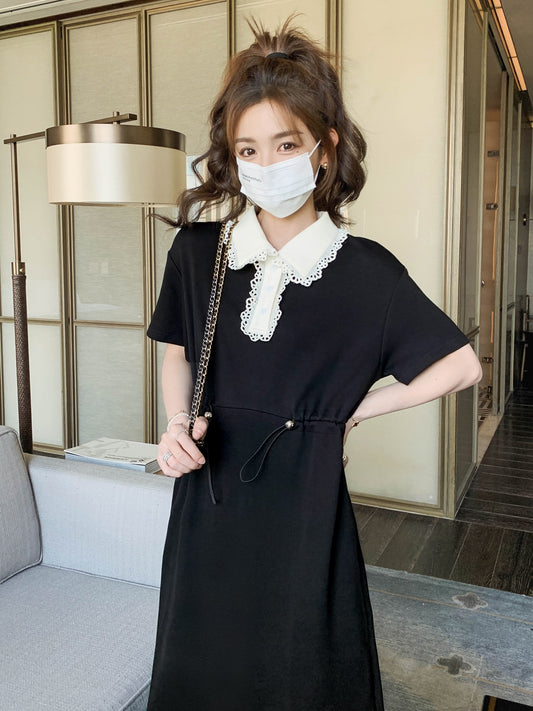 French-style age-reducing black dress women's summer 2023 new waist-shrinking slim milk obedient small man mid-length polo skirt