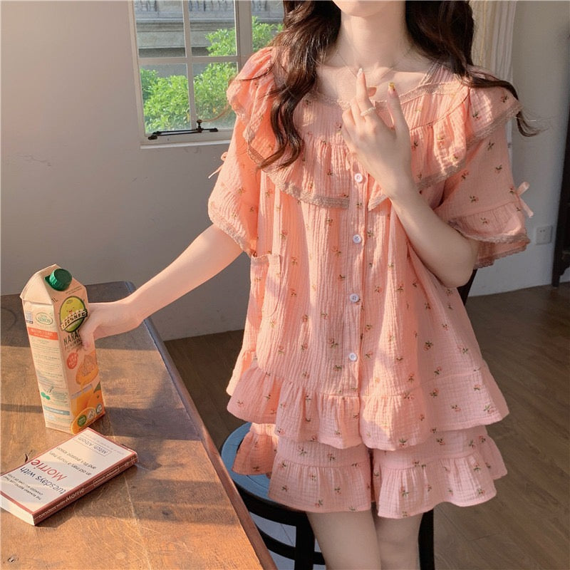 Summer net red style lace floral short-sleeved shorts cotton pajamas women's summer small home service outerwear suit