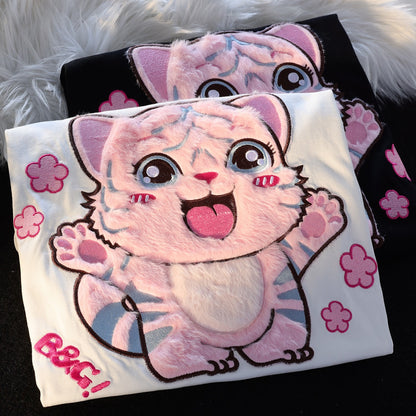 JWNEED kitten lovers to hug short-sleeved T-shirt men and women summer loose ins cute college wind clothes