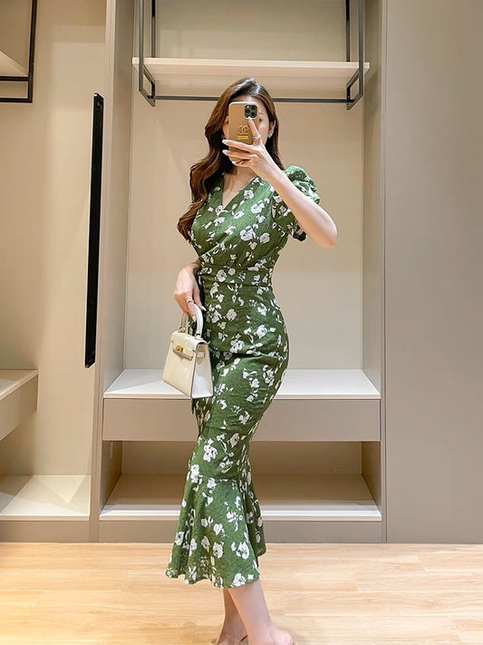 Green Floral Dress Summer Chic Retro Gentle Wind V-neck Puff Sleeves Waist Slit Mermaid Skirt Mid Length Skirt