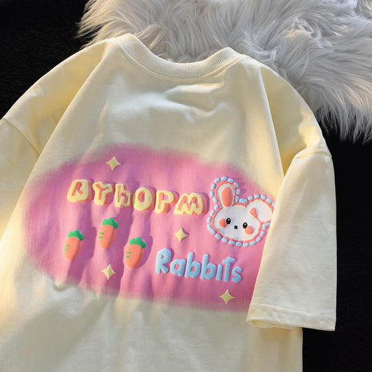 JWNEED Milk Rabbit Alphabet Couple Loose T-shirt Men and Women Summer Sweet Ins Versatile College Style Short Sleeves