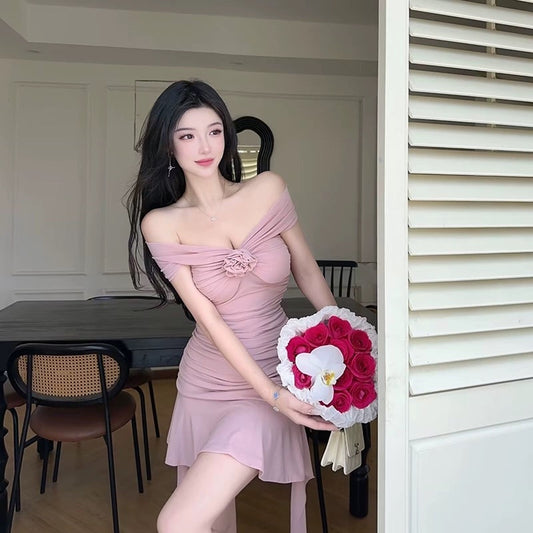 Celebrity temperament one-shoulder pink rose flower dress 2023 tight-fitting wrinkled waist fish bone skirt 3009