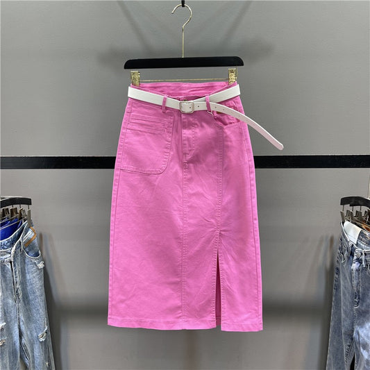 Rose red slit denim skirt women 2023 summer new high waist casual mid-length A-line bag hip skirt