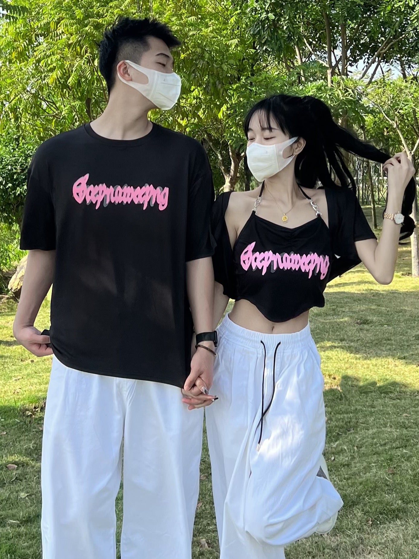 Couple outfit design sense niche pure desire wind suspender short sleeve Korean version one long and one short ins super hot top printing tide