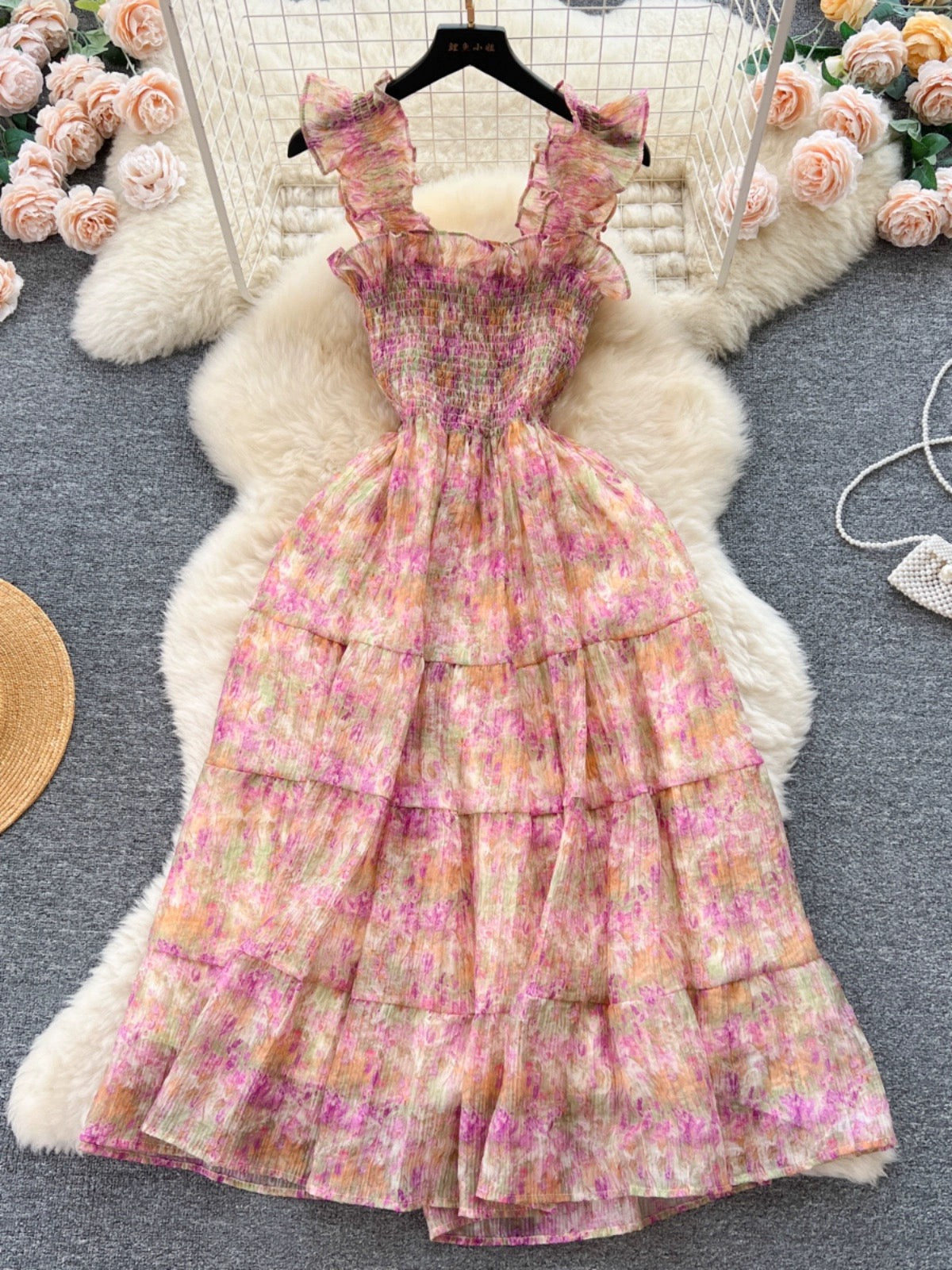 Sweet French wood ear strap floral chiffon dress female waist slimming temperament super fairy forest first love skirt