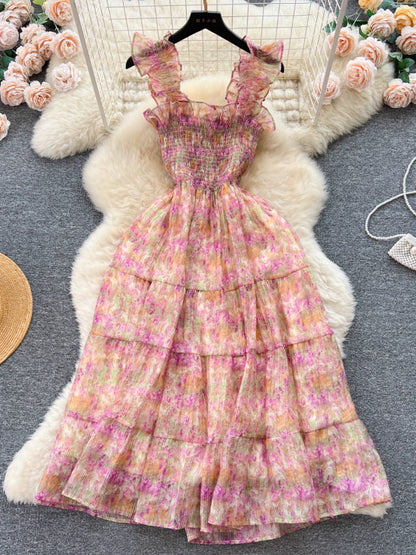 Sweet French wood ear strap floral chiffon dress female waist slimming temperament super fairy forest first love skirt