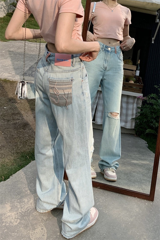 Light blue high-waist wide-leg pants women's ripped jeans summer 2023 new loose drape straight-leg pants trousers