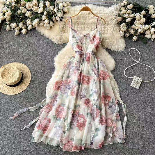 Campanulaceae French super fairy net gauze tie fairy skirt waist floral wooden ears suspenders V-neck dress female summer