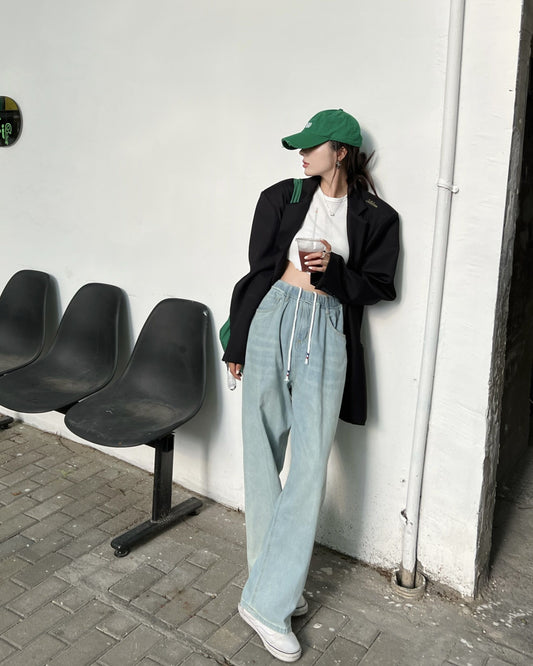 Kumikumi retro washed elastic waist jeans women's summer loose slim straight pants wide leg pants long pants