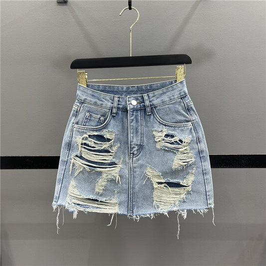 2023 Summer Fashionable Personality Beggar Ripped Denim Skirt Women's High Waist Slim A-Line Raw Edge Package Hip Skirt