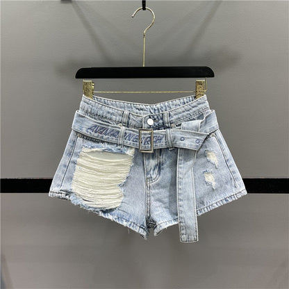 Beggar's hole hot girl denim shorts women's 2023 summer new style with long and thin A-line wide-leg hot pants