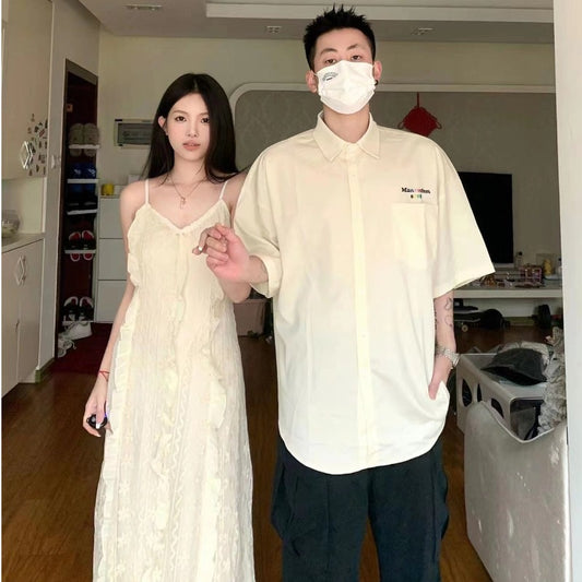 Couple wear summer dress niche design sense net red ins short-sleeved shirt female suspender dress long skirt one skirt one clothes