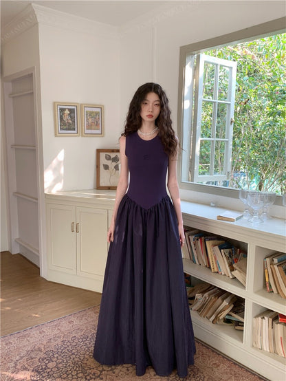 French retro dress women's high-quality navy blue knitted stitching glossy nylon sports long skirt dress