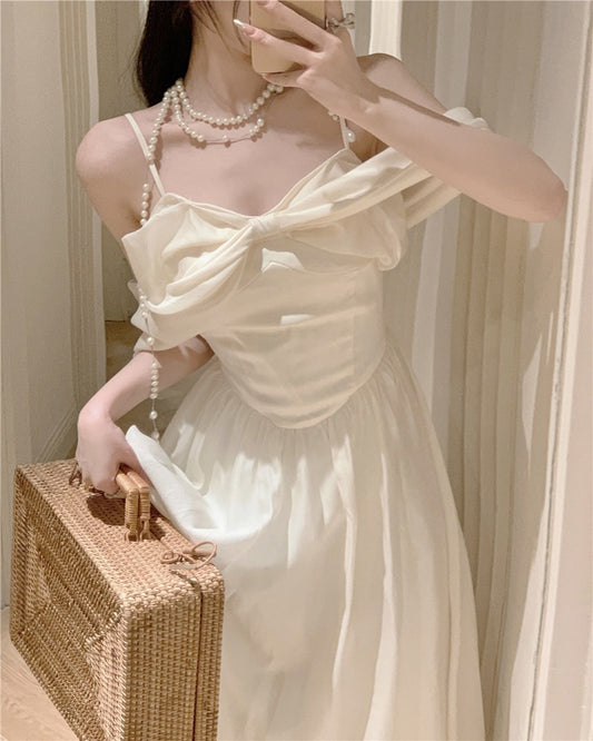 Gentle wind bow strap dress fairy summer French splicing beautiful temperament skirt sleeveless mid-length skirt