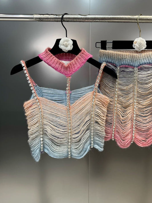 Grapefruit MM 2023 Summer Necklace Diamond Shoulder Strap Hollow Out Colorful Rope Short Vest with Half Skirt Wool Suit Fashion