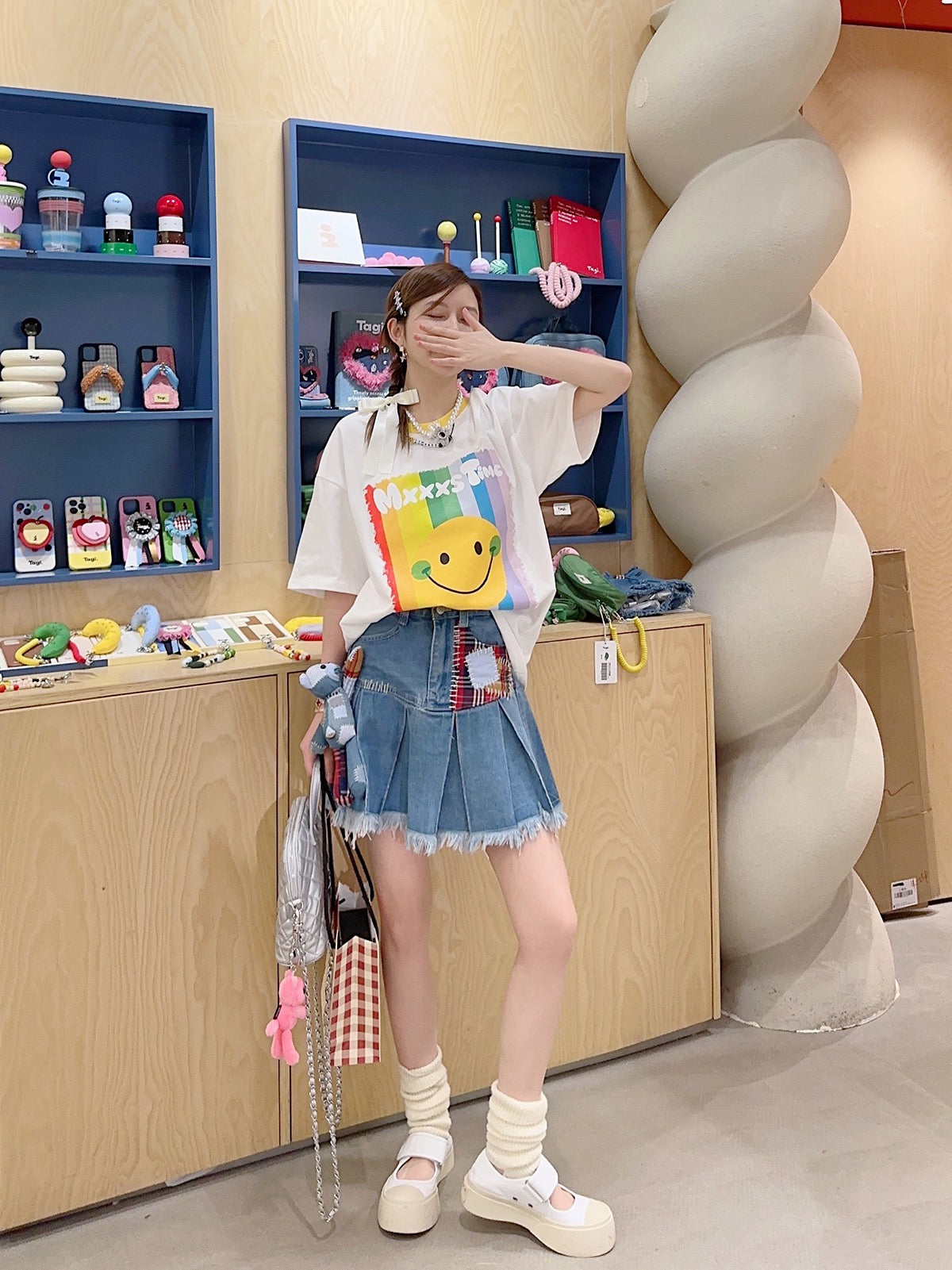 Thebestxue2023 summer new Korean version of the loose white happy smiley letter print short-sleeved T-shirt female