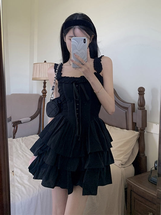French suspender dress female summer pure desire sexy lotus leaf temperament high-end sense cake short skirt little black dress