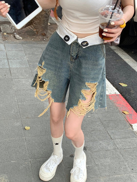 Niche design sense of hole pants raw edge retro pants five-point pants jeans women's summer high waist slim shorts