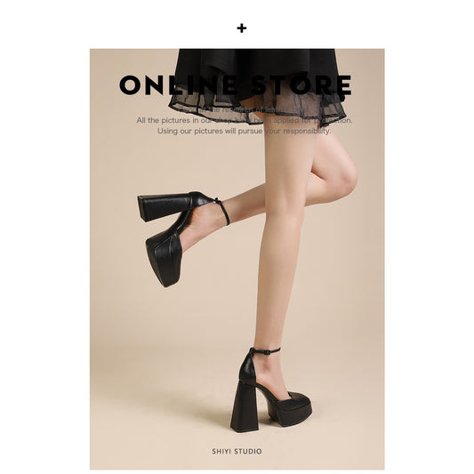 2023 summer new thick-soled one-word buckle waterproof platform black Baotou sandals women's thick heel all-match Barbie shoes not tired feet