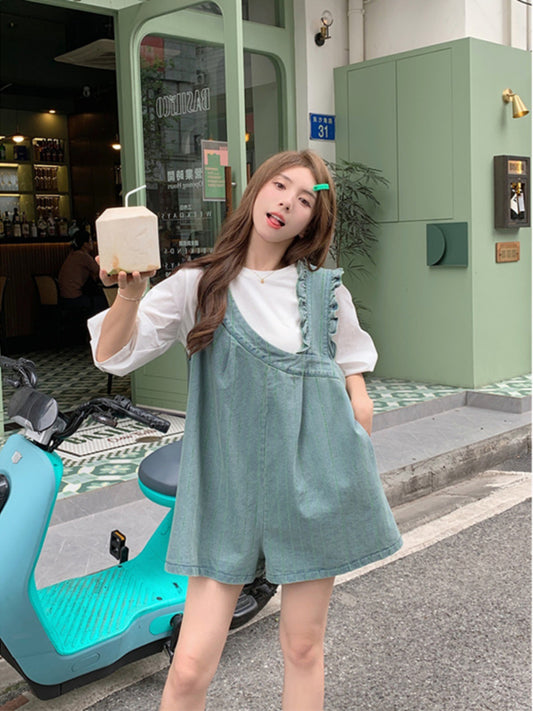 Irregular wooden ears denim wide-leg suspenders shorts puff sleeve shirt female summer 2023 new fashion suit
