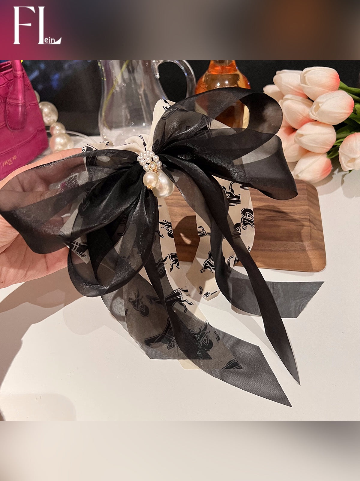 Black Pearl Ribbon Big Bow Headdress Hairpin Women's Summer Back of th –  Lee Nhi Boutique