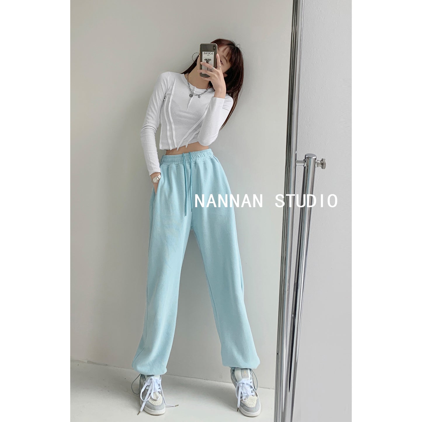 Spring and autumn baby blue sports pants women's high waist loose drawstring trousers casual slim straight leg pants trendy