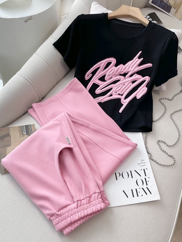 Casual sports suit women's summer 2023 new fashion slim embroidery short top pink wide-leg pants two-piece set