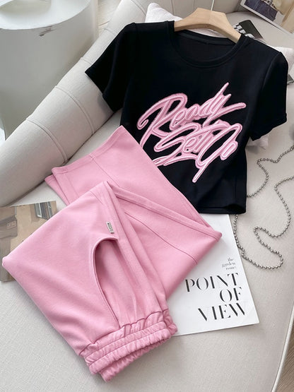 Casual sports suit women's summer 2023 new fashion slim embroidery short top pink wide-leg pants two-piece set