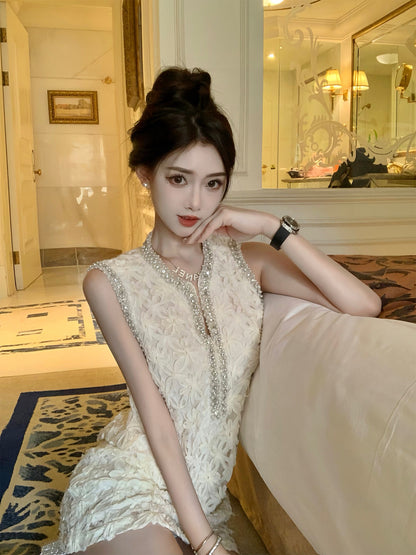 J11 Studio/Rich Family Daughter Heavy Industry Nail Beads Playful Temperament Covering Meat Showing Thin Fragrance Off-shoulder Dress Female