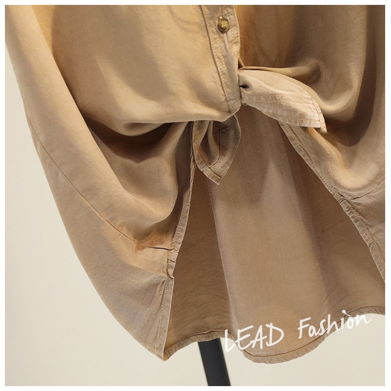 Tencel cotton double pocket small flying sleeve shirt women 2022 summer new Korean version loose casual thin shirt top tide