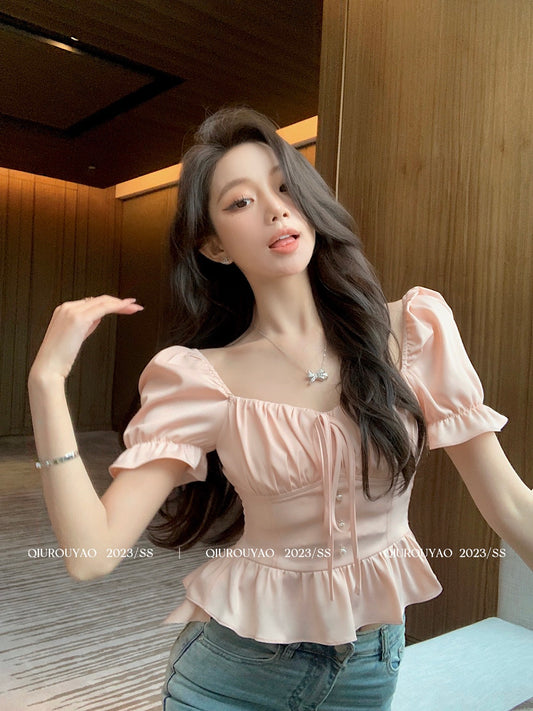 Qiu Rouyao 2023 summer new short-sleeved shirt women's pink ruffled shirt French pinch waist square collar top
