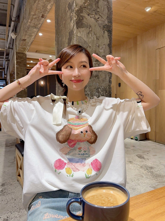 Thebestxue Korean version of fashionable white loose hot diamond dog short-sleeved top 2023 summer new t-shirt female