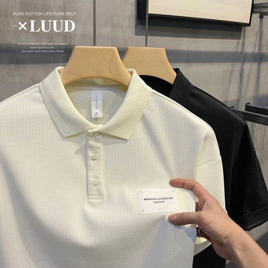 LUUD Japanese and Korean pit strip lapel short-sleeved comfortable skin-friendly all-match patch top casual all-match loose POLO shirt
