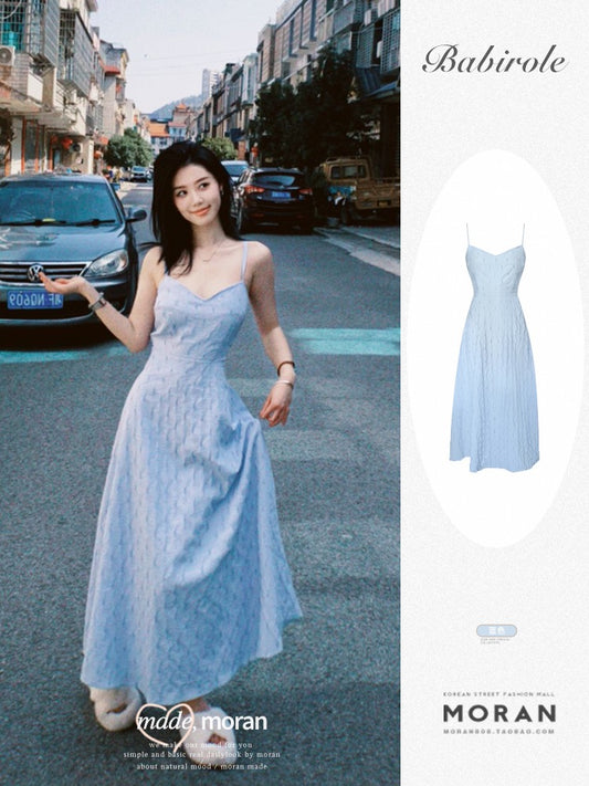 Sanya Holiday Seaside Blue Floral Suspender Dress Women's Waist Slimming Summer Thai Style Backless Long Skirt