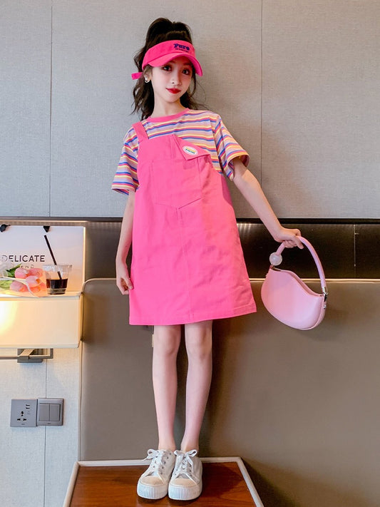 Children's skirt summer 2023 new middle and big children's summer dress foreign style striped princess skirt girls fake two-piece dress