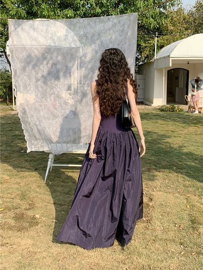 French retro dress women's high-quality navy blue knitted stitching glossy nylon sports long skirt dress