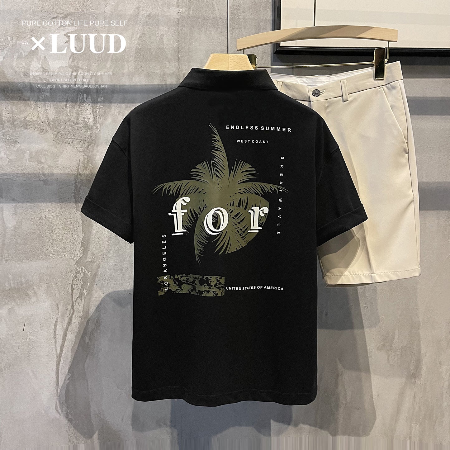LUUD Trend Simple Coconut Leaf Print Loose Paul Shirt British Style Piqué Cotton Lapel POLO Shirt Men