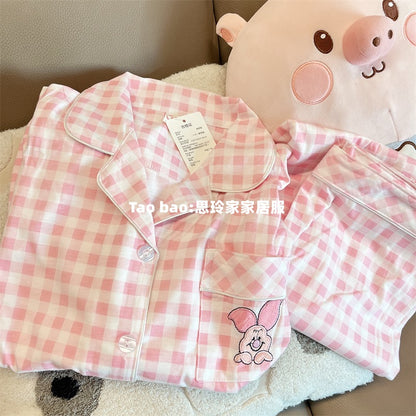 Japanese plaid Piglet pajamas women's pure cotton long-sleeved spring and autumn ins style simple small fresh home clothes