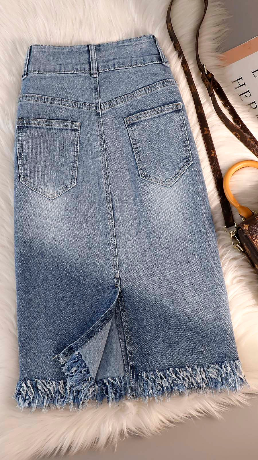 Denim skirt women's summer thin section new high waist over the knee mid-length small skirt slit bag hip skirt
