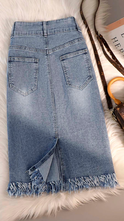 Denim skirt women's summer thin section new high waist over the knee mid-length small skirt slit bag hip skirt
