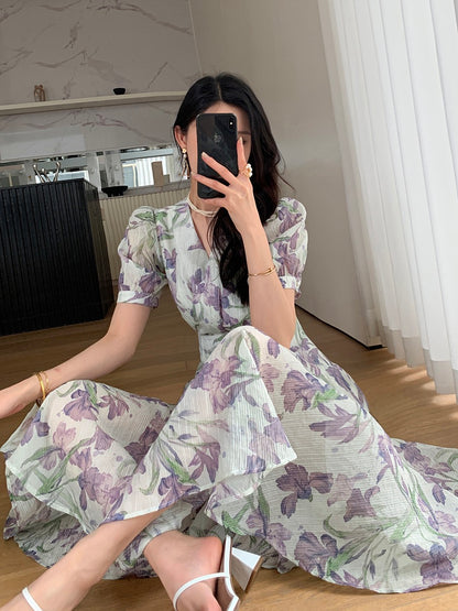 FT GUOGE floral dress female 2023 summer new French tea break seaside vacation V-neck tencel long skirt