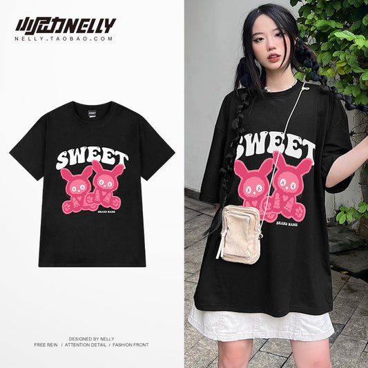 American short-sleeved men's tide high street hip-hop tide brand oversize big size fat men's summer cotton T-shirt half sleeve