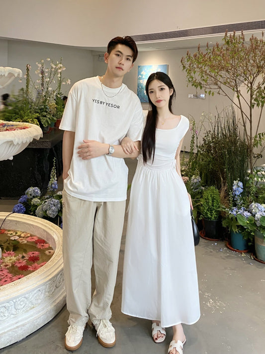 Internet celebrity couple outfit summer ins super hot 2023 new high-end French square collar dress high waist simple style