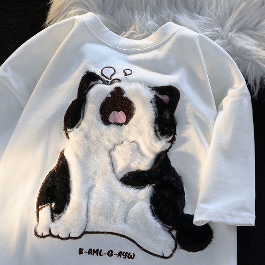 JWNEED yawning cat loose couple T-shirt men and women summer 3D three-dimensional plush embroidery neutral short-sleeved