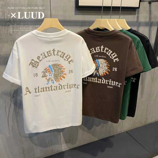 LUUD fashion retro personality printed short-sleeved shirt boy handsome Indian pattern casual T-shirt top summer
