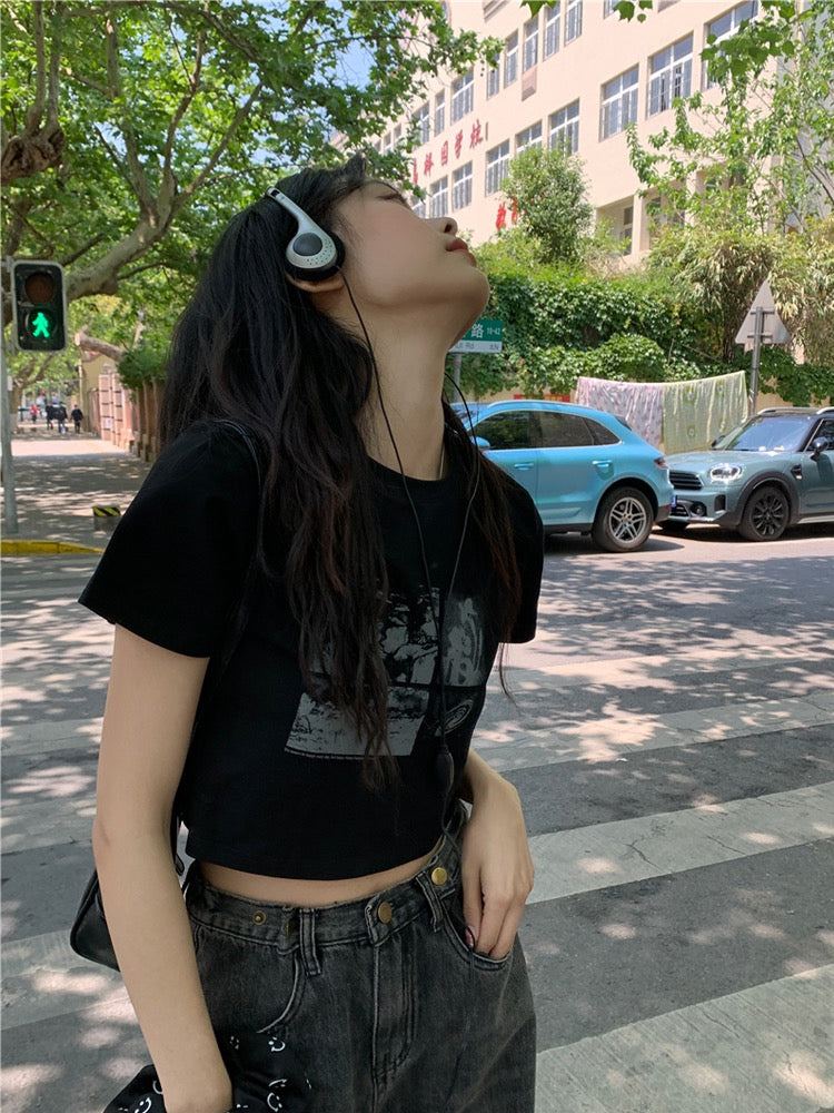 Spice Girls Shoulder Short Sleeve T-Shirt Female Retro Niche Black Bottom Shirt Summer Slim Chic Short Navel Top