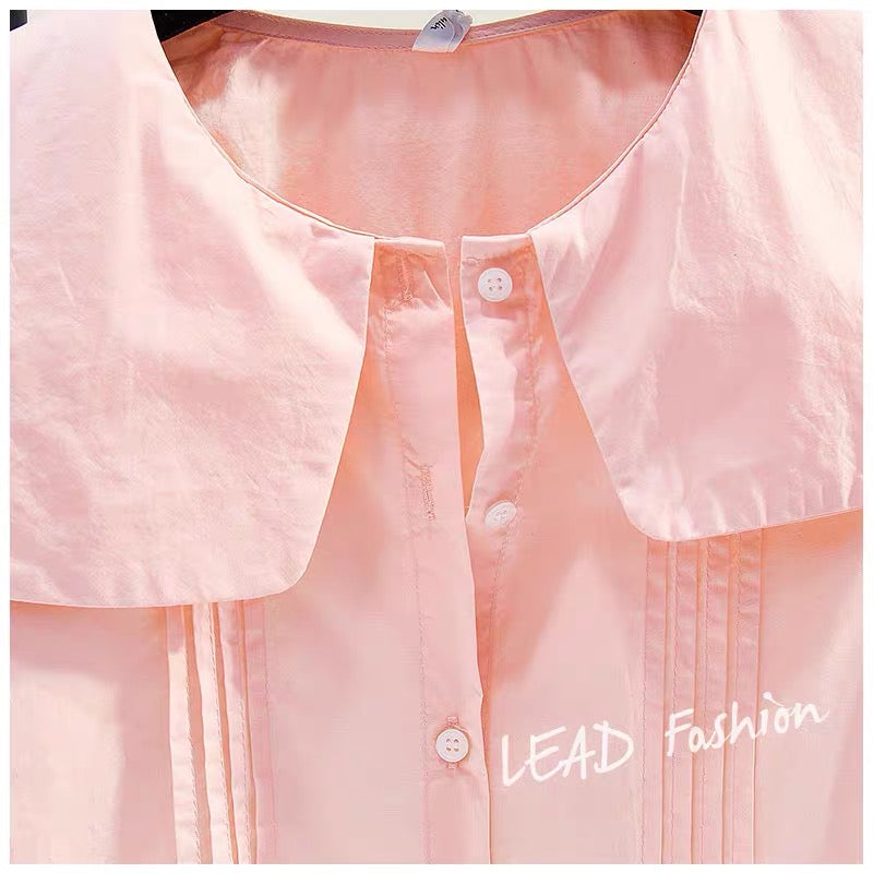 Pink doll collar lantern sleeve thin shirt women 2023 summer Xinhan fan art loose casual lantern sleeve shirt