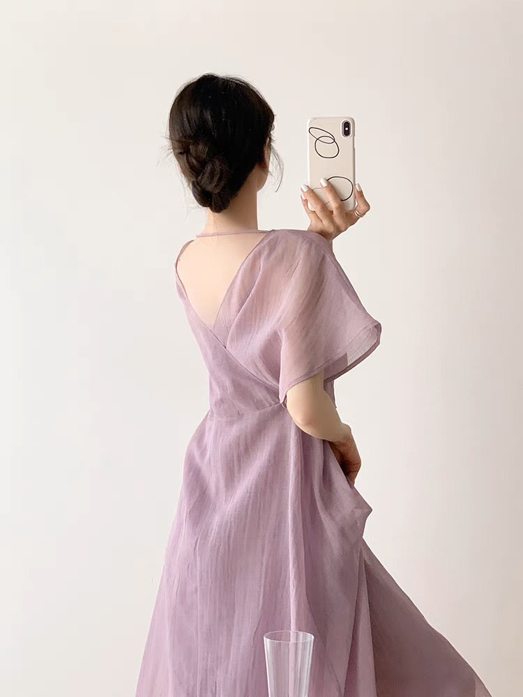 ICTS Half Poetic Half Fireworks Dry Pink Rose Cross Neck Pleated Elegant Translucent Skin-Revealing Dress