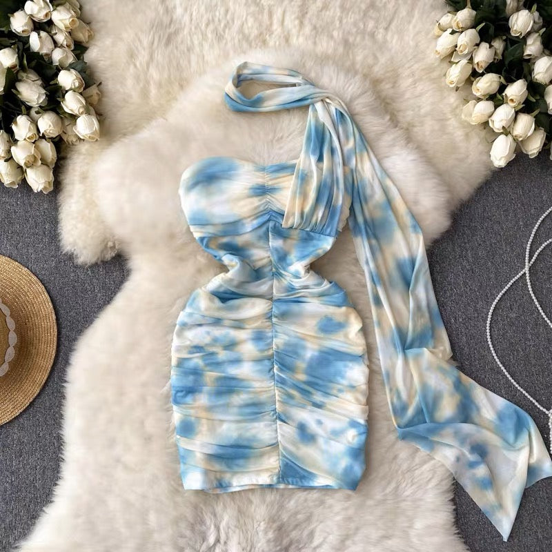 Pure Desire Sexy Short Skirt Women's Halter Neck Ribbon Tie-Dye Printing Folds Waist Slim Thin Temperament Package Hips Tube Top Dress