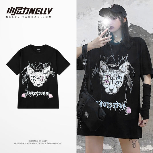 2023 new Hong Kong style dark short-sleeved t-shirt men and women summer black loose high street ins tide half-sleeved top bf